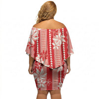 Hawaii Kakau Tribal Off Shoulder Short Dress With Red Tiare LT05 - Polynesian Pride