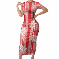 Hawaii Kakau Tribal Short Sleeve Bodycon Dress With Red Tiare LT05 Long Dress Red - Polynesian Pride