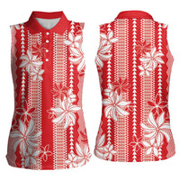 Hawaii Kakau Tribal Women Sleeveless Polo Shirt With Red Tiare LT05 - Polynesian Pride