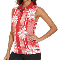 Hawaii Kakau Tribal Women Sleeveless Polo Shirt With Red Tiare LT05 - Polynesian Pride