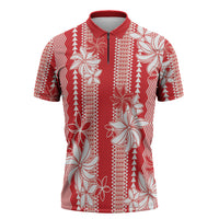 Hawaii Kakau Tribal Zipper Polo Shirt With Red Tiare LT05 Red - Polynesian Pride