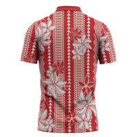 Hawaii Kakau Tribal Zipper Polo Shirt With Red Tiare LT05 - Polynesian Pride