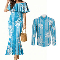 Hawaii Kakau Tribal Couples Matching Mermaid Dress and Long Sleeve Button Shirt With Blue Tiare LT05 Blue - Polynesian Pride