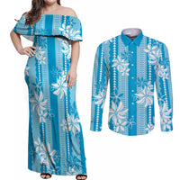 Hawaii Kakau Tribal Couples Matching Off Shoulder Maxi Dress and Long Sleeve Button Shirt With Blue Tiare LT05 Blue - Polynesian Pride