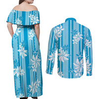 Hawaii Kakau Tribal Couples Matching Off Shoulder Maxi Dress and Long Sleeve Button Shirt With Blue Tiare LT05 - Polynesian Pride