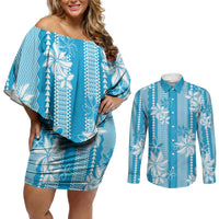 Hawaii Kakau Tribal Couples Matching Off Shoulder Short Dress and Long Sleeve Button Shirt With Blue Tiare LT05 Blue - Polynesian Pride