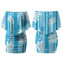 Hawaii Kakau Tribal Couples Matching Off Shoulder Short Dress and Long Sleeve Button Shirt With Blue Tiare LT05