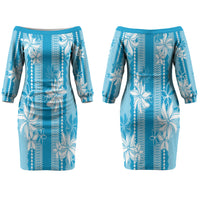 Hawaii Kakau Tribal Couples Matching Off The Shoulder Long Sleeve Dress and Hawaiian Shirt With Blue Tiare LT05