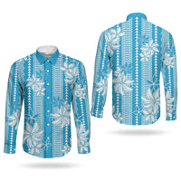 Hawaii Kakau Tribal Couples Matching Off The Shoulder Long Sleeve Dress and Long Sleeve Button Shirt With Blue Tiare LT05 - Polynesian Pride