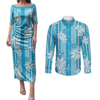 Hawaii Kakau Tribal Couples Matching Puletasi and Long Sleeve Button Shirt With Blue Tiare LT05 Blue - Polynesian Pride
