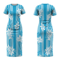 Hawaii Kakau Tribal Couples Matching Short Sleeve Bodycon Dress and Hawaiian Shirt With Blue Tiare LT05