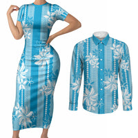 Hawaii Kakau Tribal Couples Matching Short Sleeve Bodycon Dress and Long Sleeve Button Shirt With Blue Tiare LT05 Blue - Polynesian Pride