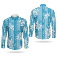 Hawaii Kakau Tribal Couples Matching Short Sleeve Bodycon Dress and Long Sleeve Button Shirt With Blue Tiare LT05 - Polynesian Pride