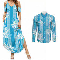 Hawaii Kakau Tribal Couples Matching Summer Maxi Dress and Long Sleeve Button Shirt With Blue Tiare LT05 Blue - Polynesian Pride