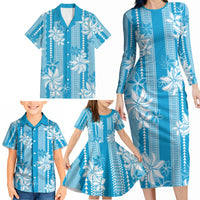 Hawaii Kakau Tribal Family Matching Long Sleeve Bodycon Dress and Hawaiian Shirt With Blue Tiare LT05 - Polynesian Pride