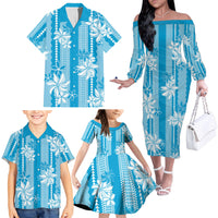 Hawaii Kakau Tribal Family Matching Off The Shoulder Long Sleeve Dress and Hawaiian Shirt With Blue Tiare LT05 - Polynesian Pride
