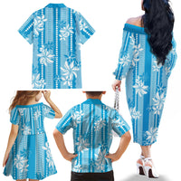 Hawaii Kakau Tribal Family Matching Off The Shoulder Long Sleeve Dress and Hawaiian Shirt With Blue Tiare LT05 Mom's Dress Blue - Polynesian Pride