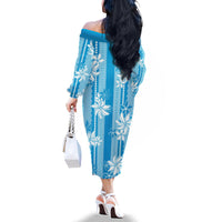 Hawaii Kakau Tribal Family Matching Off The Shoulder Long Sleeve Dress and Hawaiian Shirt With Blue Tiare