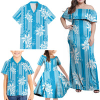 Hawaii Kakau Tribal Family Matching Off Shoulder Maxi Dress and Hawaiian Shirt With Blue Tiare LT05 - Polynesian Pride