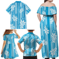 Hawaii Kakau Tribal Family Matching Off Shoulder Maxi Dress and Hawaiian Shirt With Blue Tiare LT05 Mom's Dress Blue - Polynesian Pride