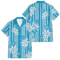 Hawaii Kakau Tribal Family Matching Off Shoulder Maxi Dress and Hawaiian Shirt With Blue Tiare LT05 Dad's Shirt - Short Sleeve Blue - Polynesian Pride