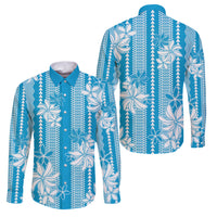 Hawaii Kakau Tribal Family Matching Off Shoulder Maxi Dress and Hawaiian Shirt With Blue Tiare LT05 Dad's Shirt - Long Sleeve Blue - Polynesian Pride