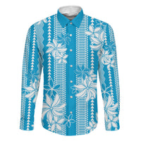 Hawaii Kakau Tribal Family Matching Off Shoulder Maxi Dress and Hawaiian Shirt With Blue Tiare LT05 Daughter's Dress Blue - Polynesian Pride