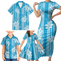 Hawaii Kakau Tribal Family Matching Short Sleeve Bodycon Dress and Hawaiian Shirt With Blue Tiare LT05 - Polynesian Pride