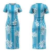 Hawaii Kakau Tribal Family Matching Short Sleeve Bodycon Dress and Hawaiian Shirt With Blue Tiare LT05 - Polynesian Pride