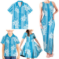 Hawaii Kakau Tribal Family Matching Tank Maxi Dress and Hawaiian Shirt With Blue Tiare