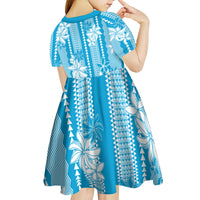 Hawaii Kakau Tribal Kid Short Sleeve Dress With Blue Tiare LT05 - Polynesian Pride