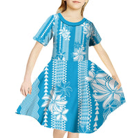 Hawaii Kakau Tribal Kid Short Sleeve Dress With Blue Tiare LT05 - Polynesian Pride