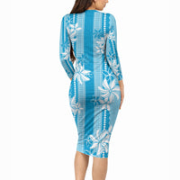 Hawaii Kakau Tribal Long Sleeve Bodycon Dress With Blue Tiare LT05 - Polynesian Pride