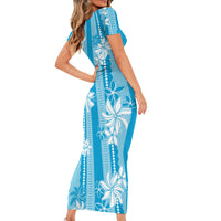 Hawaii Kakau Tribal Short Sleeve Bodycon Dress With Blue Tiare LT05 - Polynesian Pride