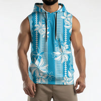 Hawaii Kakau Tribal Sleeveless Hoodie With Blue Tiare LT05 - Polynesian Pride