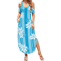 Hawaii Kakau Tribal Summer Maxi Dress With Blue Tiare LT05 Women Blue - Polynesian Pride