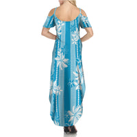 Hawaii Kakau Tribal Summer Maxi Dress With Blue Tiare LT05 - Polynesian Pride