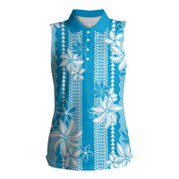 Hawaii Kakau Tribal Women Sleeveless Polo Shirt With Blue Tiare