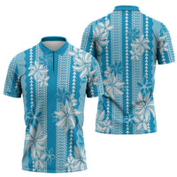 Hawaii Kakau Tribal Zipper Polo Shirt With Blue Tiare