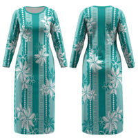 Hawaii Kakau Tribal Couples Matching Long Sleeve Bodycon Dress and Long Sleeve Button Shirt With Teal Tiare LT05