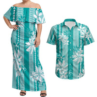Hawaii Kakau Tribal Couples Matching Off Shoulder Maxi Dress and Hawaiian Shirt With Teal Tiare LT05 Teal - Polynesian Pride