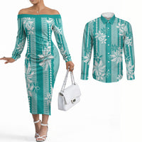 Hawaii Kakau Tribal Couples Matching Off The Shoulder Long Sleeve Dress and Long Sleeve Button Shirt With Teal Tiare LT05 Teal - Polynesian Pride