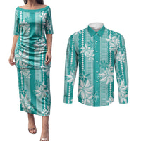 Hawaii Kakau Tribal Couples Matching Puletasi and Long Sleeve Button Shirt With Teal Tiare LT05 Teal - Polynesian Pride