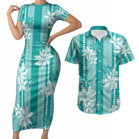 Hawaii Kakau Tribal Couples Matching Short Sleeve Bodycon Dress and Hawaiian Shirt With Teal Tiare LT05 Teal - Polynesian Pride