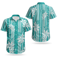 Hawaii Kakau Tribal Couples Matching Short Sleeve Bodycon Dress and Hawaiian Shirt With Teal Tiare LT05 - Polynesian Pride