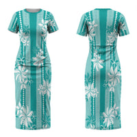 Hawaii Kakau Tribal Couples Matching Short Sleeve Bodycon Dress and Hawaiian Shirt With Teal Tiare LT05 - Polynesian Pride