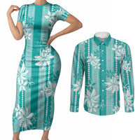 Hawaii Kakau Tribal Couples Matching Short Sleeve Bodycon Dress and Long Sleeve Button Shirt With Teal Tiare LT05 Teal - Polynesian Pride