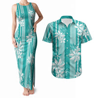 Hawaii Kakau Tribal Couples Matching Tank Maxi Dress and Hawaiian Shirt With Teal Tiare LT05 Teal - Polynesian Pride