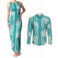 Hawaii Kakau Tribal Couples Matching Tank Maxi Dress and Long Sleeve Button Shirt With Teal Tiare LT05 Teal - Polynesian Pride