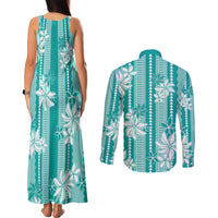 Hawaii Kakau Tribal Couples Matching Tank Maxi Dress and Long Sleeve Button Shirt With Teal Tiare